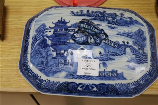 A Chinese blue and white large tureen, cover and a similar dish, Qian Lung period